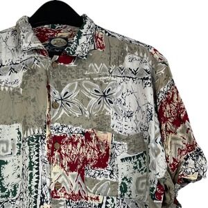 VTG Tommy Bahama Mens L Rayon Hawaiian Shirt Abstract Floral Resort Tan‎ Red